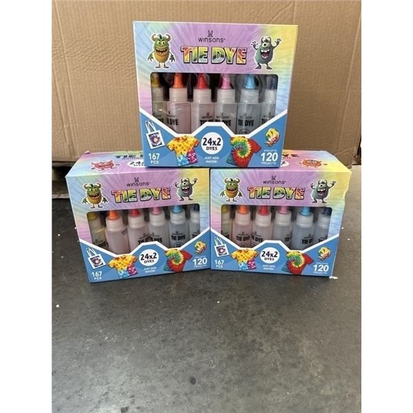 3 NEW WINSONS TIE DIE KITS, 167PC EACH, 24 DIES EACH, RETAIL $30 EACH ( $90 VALUE )