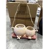 Image 2 : 2 NEW HANGING FACE SWING PLANTERS AND NEW SET OF BLACK VASES