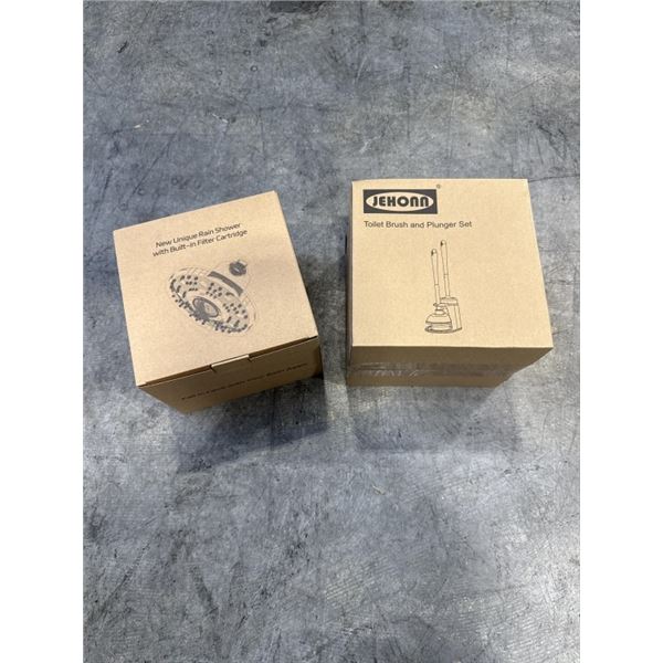 NEW UNIQUE RAIN SHOWER HEAD AND NEW BLACK TOILET BRUSH AND PLUNGER SET