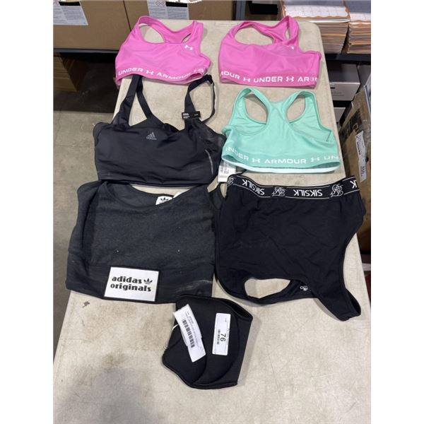 UNDER ARMOUR AND ADIDAS WORKOUT BRAS, ASSORTED SIZE, AND NIKE ANKLE WEIGHT