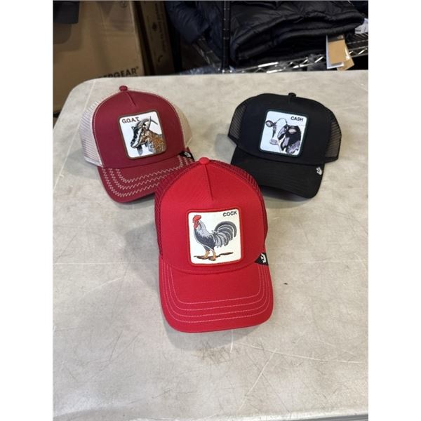 3 NEW GOORIN BRO'S THE FARM HATS, 1 'GOAT', 1 'CASH', 1 'COCK', RETAIL $55 EACH, $165 VALUE