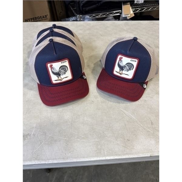 4 NEW GOORIN BRO'S THE FARM HATS, 'COCK', RETAIL $55 EACH , $220 VALUE