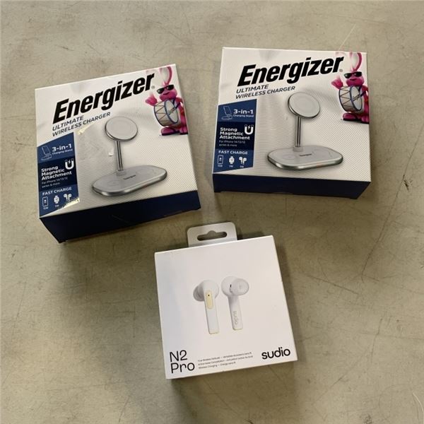 2 ENERGIZER ULTIMATE WIRELESS 3 IN 1 CHARGER STANDS AND SUDIO N2 PRO WHITE WIRELESS BLUETOOTH EARBUD