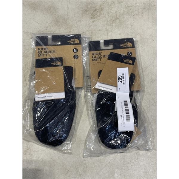 2 NEW PAIRS OF NORTH FACE KIDS GLACIER MITTS, SIZE MEDIUM AND SMALL