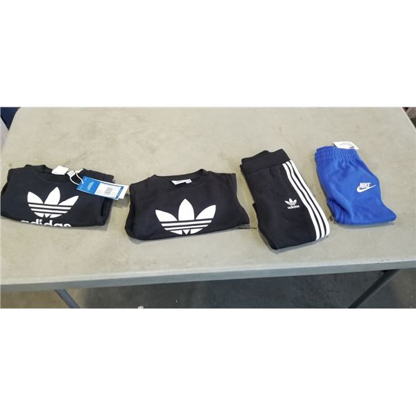 4 PCS NEW INFANT CLOTHING - 2 ADIDAS SWEATERS 6-9M AND 9-12M, NIKE 12M PANTS, AND ADIDAS 18M PANTS