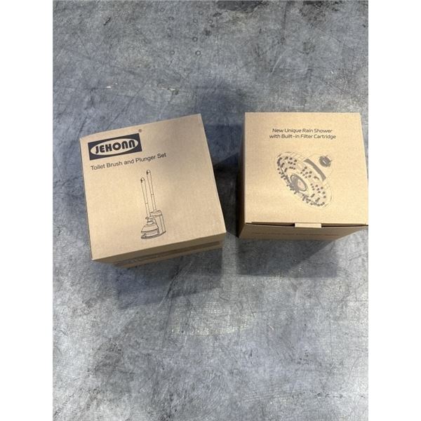 NEW UNIQUE RAIN SHOWER HEAD AND NEW BLACK TOILET BRUSH AND PLUNGER SET