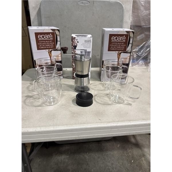4 NEW EPARE DUAL WALL GLASS 12.OZ COFFEE MUGS AND STAINLESS COFFEE GRINDER