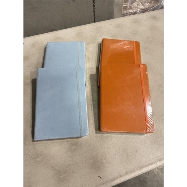 4 NEW A5 SIZE LEATHER NOTEBOOKS, 'MOLESKIN STYLE', 2 LIGHT BLUE, 2 ORANGE