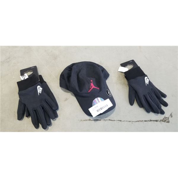 NEW NIKE AIR JORDAN BALL CAP, CHILD SIZE2 NEW YOUTH NIKE GLOVE SETS SIZE SMALL AND MEDIUM
