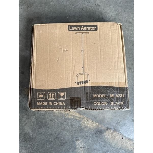 NEW BLACK METAL LAWN AERATOR, MODEL MLA231 INCLUDES PADDED HANDLES AND SET OF WORK GLOVES