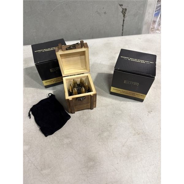 2 NEW WHISKEY BULLET STONE GIFT SETS IN WOODEN BOX WITH VELEVET BAG, 6 BULLET STONES PER SET
