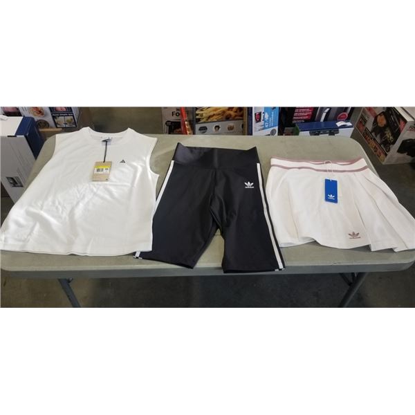NEW PAIR LADIES ADIDAS BIKER SHORTS, SKIRT, AND NIKE COMPRESSION TOP - SIZE SMALL