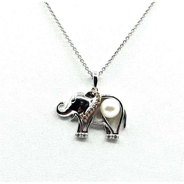 STERLING SILVER WHITE SAPPHIRE AND PEARL 5.9-6MM ELEPHANT PENDANT WITH STERLING SILVER CHAIN, W/A $4