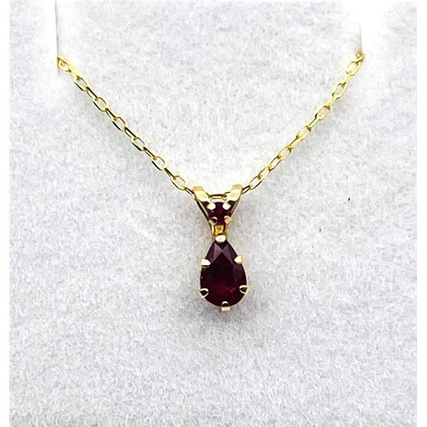 10KT YELLOW GOLD NATURAL ENHANCED RUBY (0.93CT) PENDANT WITH GOLD PLATED STERLING SILVER CHAIN, RETA