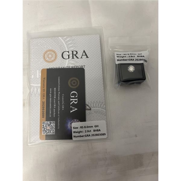 NEW 2.0 CARAT MOISSANITE LAB DIAMOND, ROUND BRILLIANT CUT, GH-VVS1, GRA REPORT, TESTS POSITIVE W/ DI