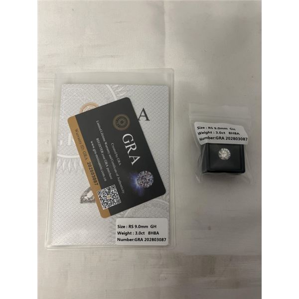 NEW 3.0 CARAT MOISSANITE LAB DIAMOND, ROUND BRILLIANT CUT, GH-VVS1, GRA REPORT, TESTS POSITIVE W/ DI