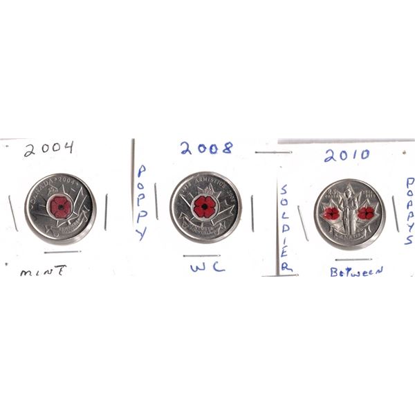 three Canadian 25-cent poppy circulation coins from 2004, 2008, and 2010
