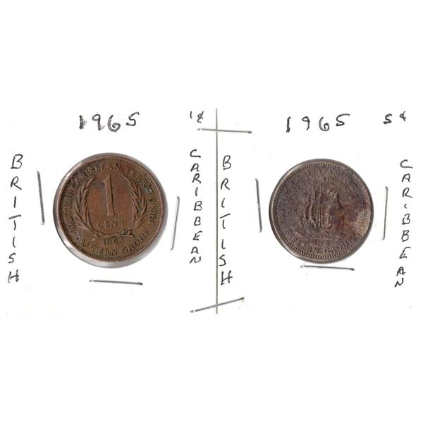 TWO 1965 British Caribbean Coins 1 Cent and 5 Cent