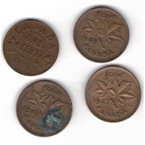 FOUR Canadian Small Cents 1924, 1947, 1948, 1948