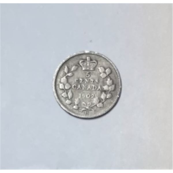 1902 - H Five Cent Coin,VG,92.5% Silver