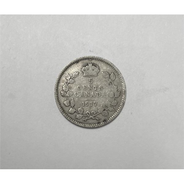 1917 Canadian Five Cent Coin,VG, 92.5% Silver