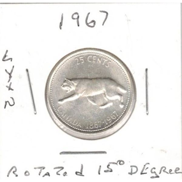 1967 Canadian Quarter, LYNX, Rotated 15 Degree   >80% silver