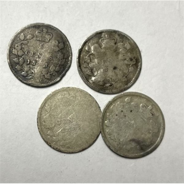 FOUR Canada Five Cent Coins , 1800s,  Queen Victoria
