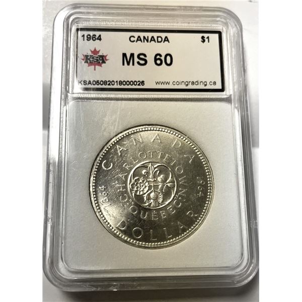 1964 Canadian Silver Dollar KSG Graded MS60