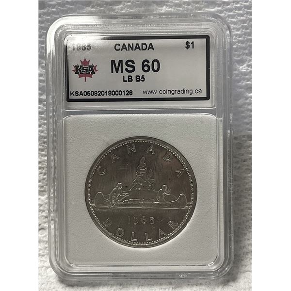 1965 Canadian Silver Dollar KSG Graded MS60
