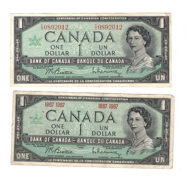 1967 Centennial One Dollar Bills, One with serial number and one without