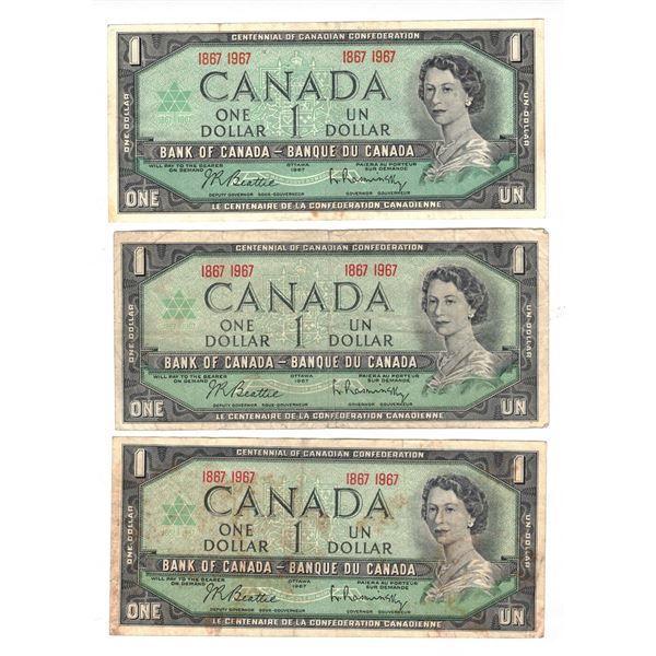 1967 Quantity of THREE One Dollar Bills