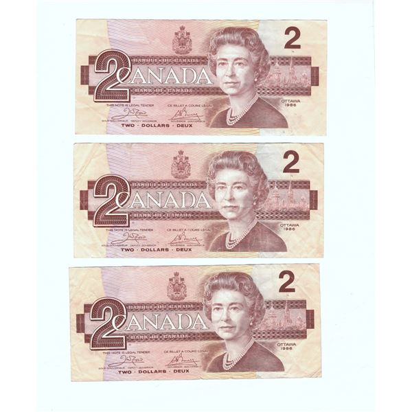 1986 Quantity of THREE Two Dollar Bills