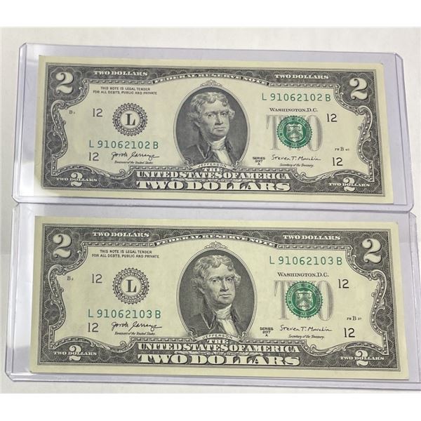 2017 TWO American Two Dollar Bills Consecutive Serial Numbers