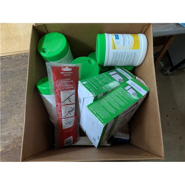 Box of Cleaning related Items (Sanitizer Wipes, Cleaning Rag Items, Sprays, and etc.)
