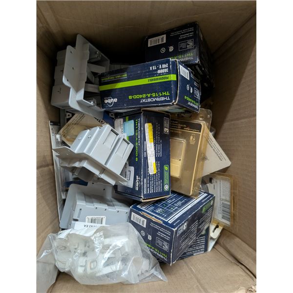 Box of Misc. electrical Items w/ thermostats