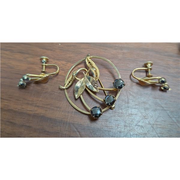 Gold Coloured and "Black Diamond" Designed matching earrings AND brooch