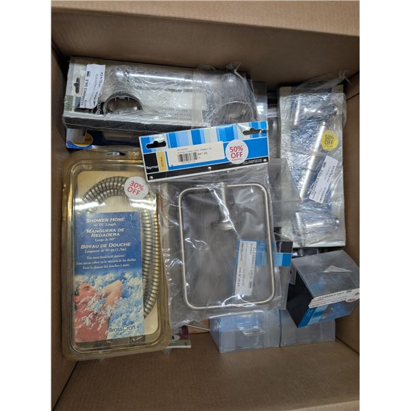 Box of Bathroom Related Items (Robe Hooks, Handles, Shower Hose, and etc.)