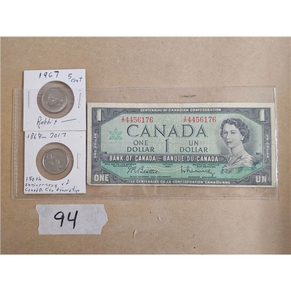 1967 Canadian $1 Bill, 1967 & 2017 Commemorative Nickles