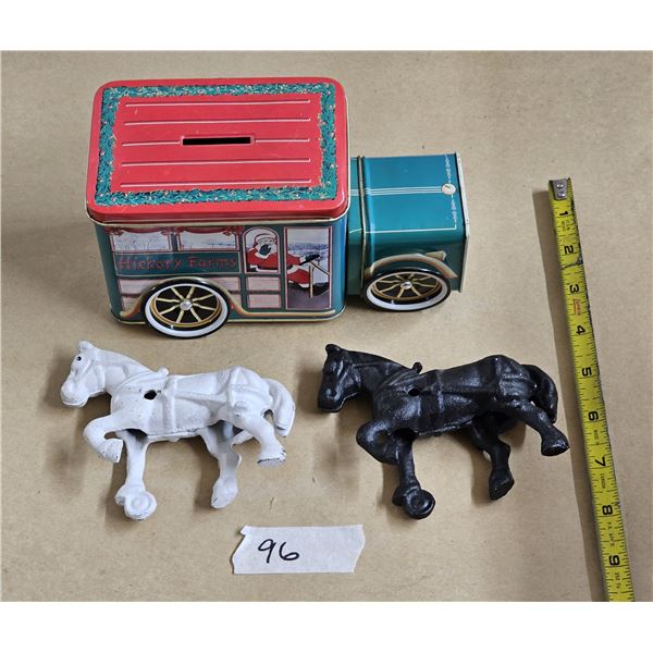 Vintage Hickory Farms Santa Christmas Truck Tin, 2 Cast Iron Horse Toy Pieces