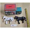 Image 1 : Vintage Hickory Farms Santa Christmas Truck Tin, 2 Cast Iron Horse Toy Pieces