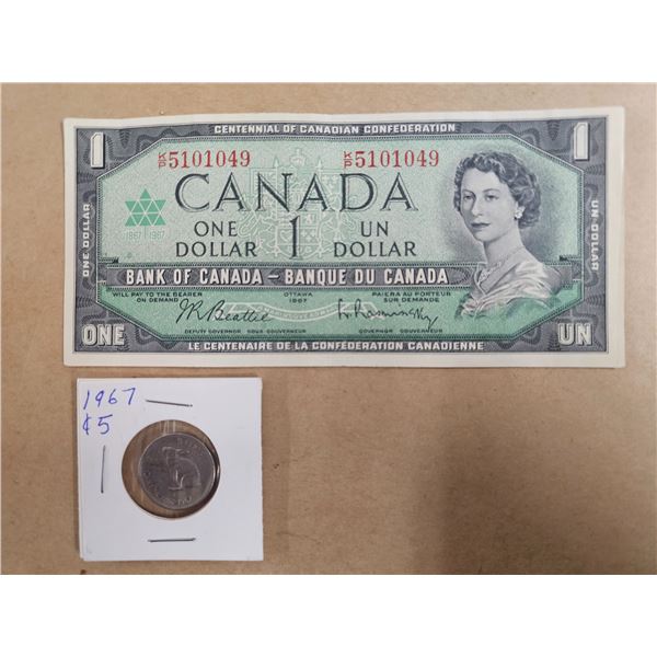 1967 Canadian $1 Bill and 1967 Commemorative Nickle