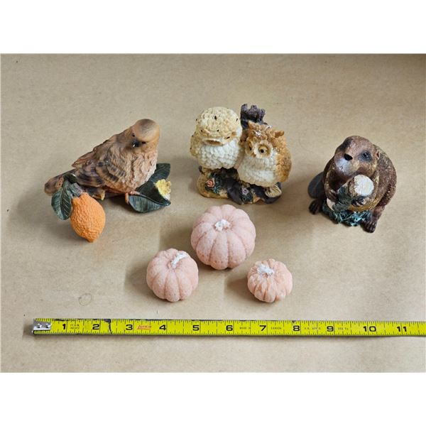 (3) Woodland Animal Figurines, (3) Wax Pumpkin Candles