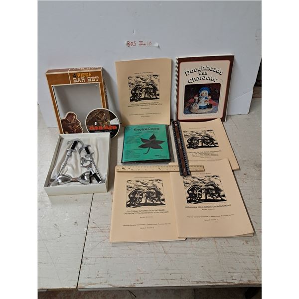 4 piece bar set, rulers and books