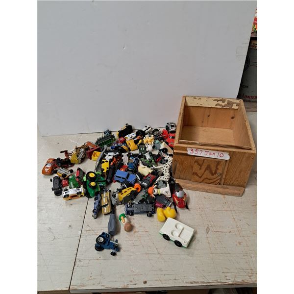 wood box w/ door + toy vehicles