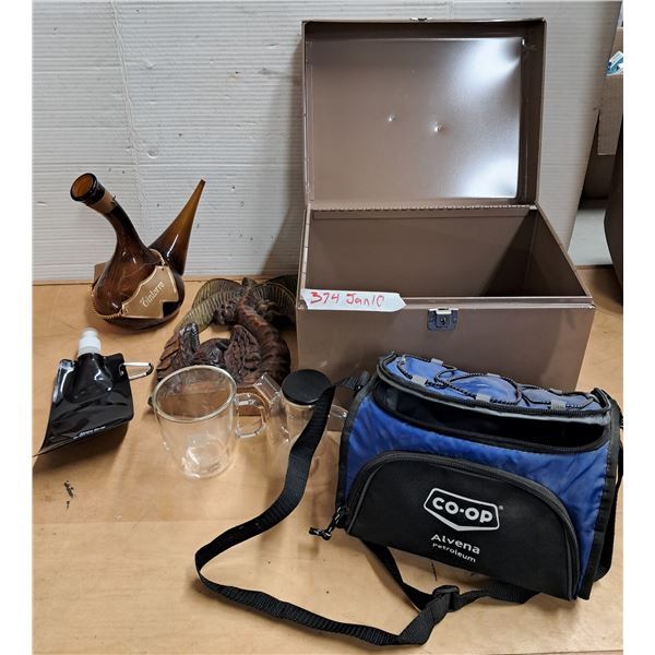 tin box, lunch bag, glass cups misc