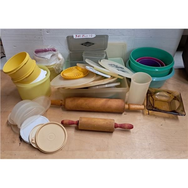tupperware lot + rolling pins