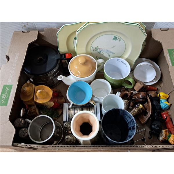 glass cup, plates, coffee kettle, salt + pepper shakers