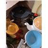 Image 3 : glass cup, plates, coffee kettle, salt + pepper shakers