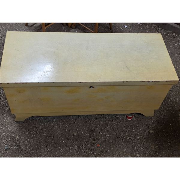Chest- 18" by 44" by 19"H- has a busted lock