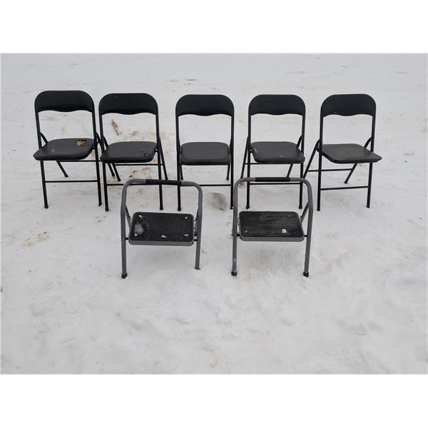 (5) Fold Out metal Chairs w/ Toll Fold out Step Stools Metal